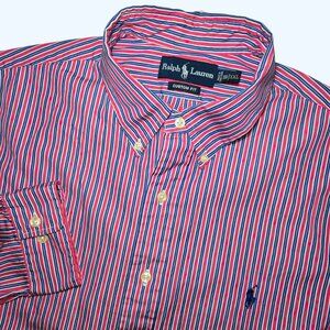 Ralph Lauren Custom Fit Striped Button Down Shirt Men's 18/XXL Pink Blue Pony